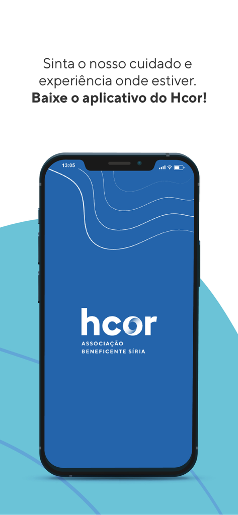 Hcor - Hcor app splash screen displayed on a mobile phone with the company logo and slogan in Portuguese.