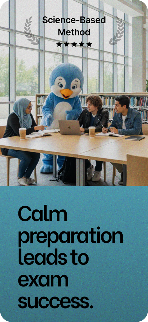 Diverse students studying in a library with the blue penguin mascot Pingo.