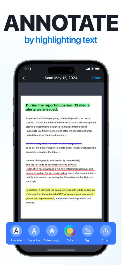 PDFドキュメント内のテキストがハイライトおよび注釈付けされたScanGuruアプリを表示したiPhone画面