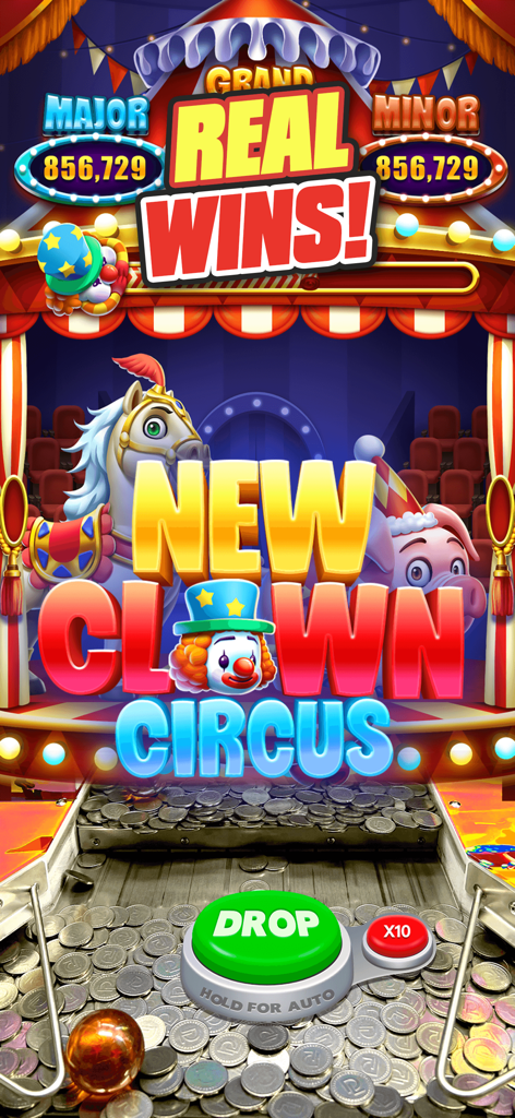 Coin Woned™ - Coin Pusher - A circus themed physical coin pusher machine interface in the Coin Woned app.