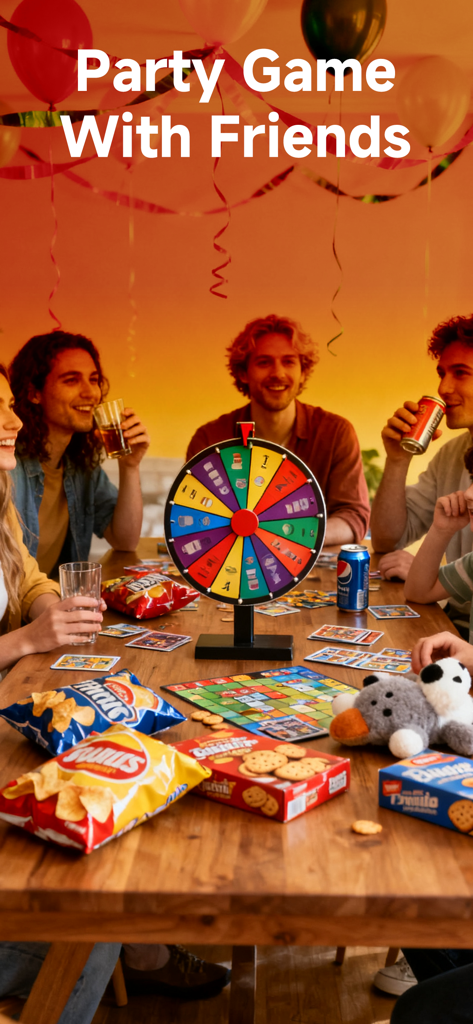 Wheel Spinner • Random Picker - A group of friends playing a party game with a colorful spin wheel and snacks on a table