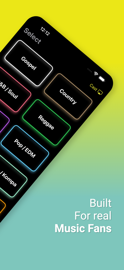 The Yellow Station - Genre selection screen in The Yellow Station app showing buttons for Gospel, Country, Reggae, and Pop music.