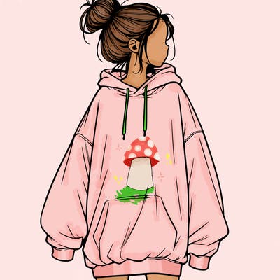 realistic girl with a oversized sweatshirt on and a bun