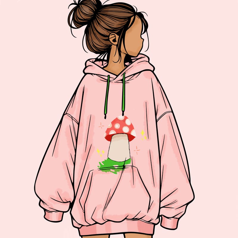 realistic girl with a oversized sweatshirt on and a bun