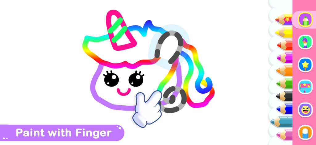 Drawing for Kids Coloring Game - Interfaz del juego de dibujo para niños que muestra un unicornio siendo coloreado con un pincel de arcoíris.