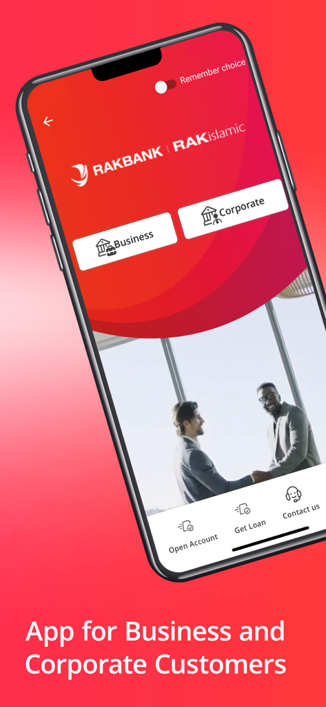 RAKBANK Business - RAKBANK Business mobile app home screen showing options for Business and Corporate banking accounts