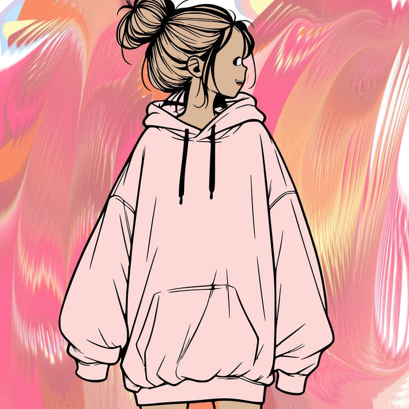 realistic girl with a oversized sweatshirt on and a bun