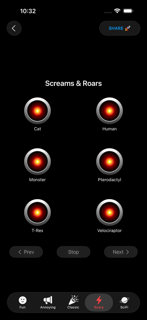 Sound Effects Boards Pro - Screams and Roars soundboard interface with red glowing buttons for different scary sounds