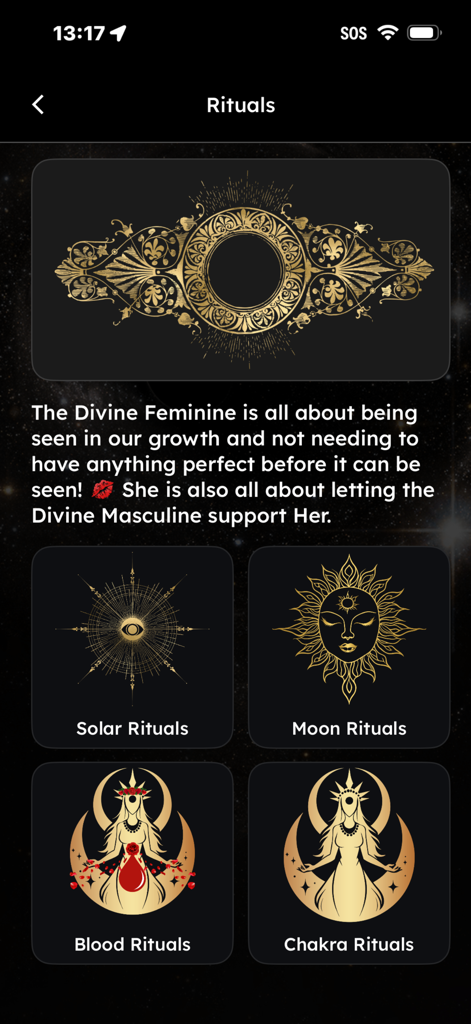 Une sélection de rituels spirituels dans l'application Lightbody, y compris les catégories Solaire, Lunaire, Sanguine et Chakra avec des icônes dorées ornées.