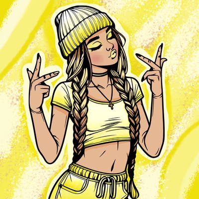 realistic teenage girl with braids and a beanie and crop top doing 🫶🏼