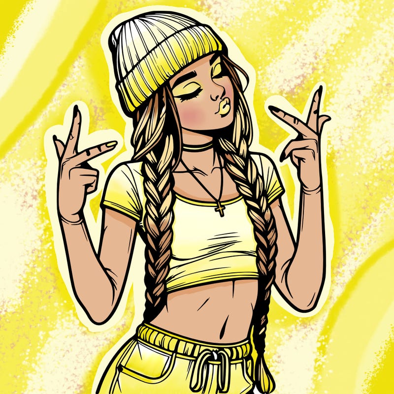 realistic teenage girl with braids and a beanie and crop top doing 🫶🏼