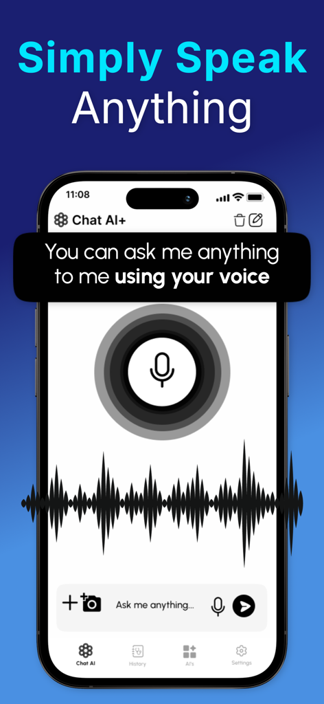 Chat+ AI: Safe & PIN-Protected - Mobile app screen showing voice input feature with a microphone icon and sound wave visualization for Chat Plus AI.