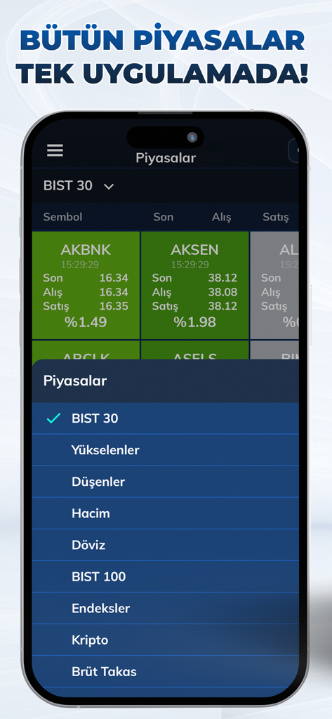 Screenshot dell'app mobile İnfoTrade Pro che mostra dati del mercato azionario turco e la lista dei prezzi BIST 30