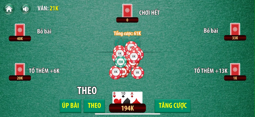 Tiến Lên - Tien Len - A mobile game screen showing a round of Lieng card game with betting options and virtual chips