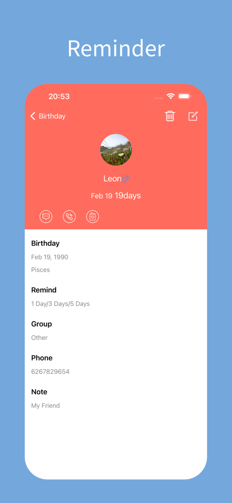 Birthday Reminder Countdown - Vista detallada de contacto que muestra la cuenta regresiva de cumpleaños y la configuración de recordatorio para un amigo