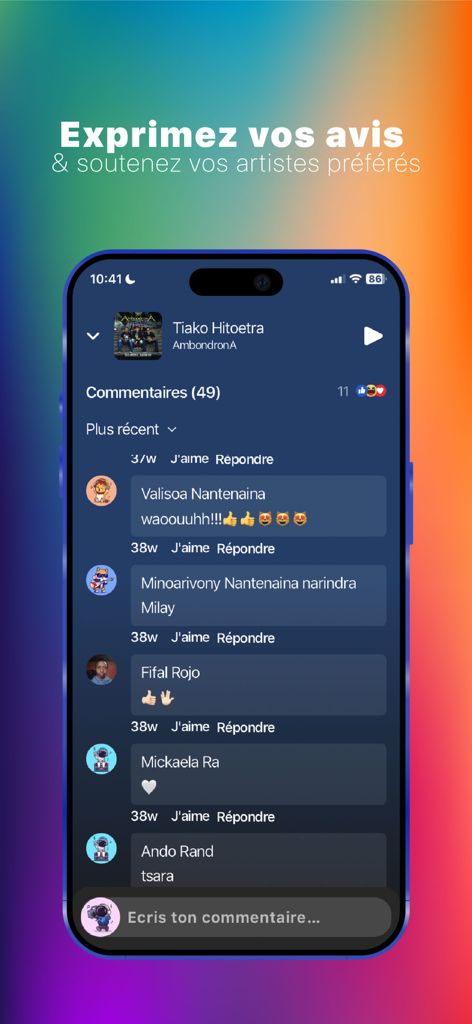 Moozik : Musique et Karaoké - The social comment section of the Moozik app where users interact and support Malagasy artists