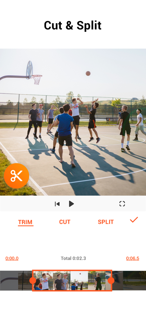Tela do aplicativo móvel YouCut exibindo opções de corte e divisão de vídeo para um clipe de basquete