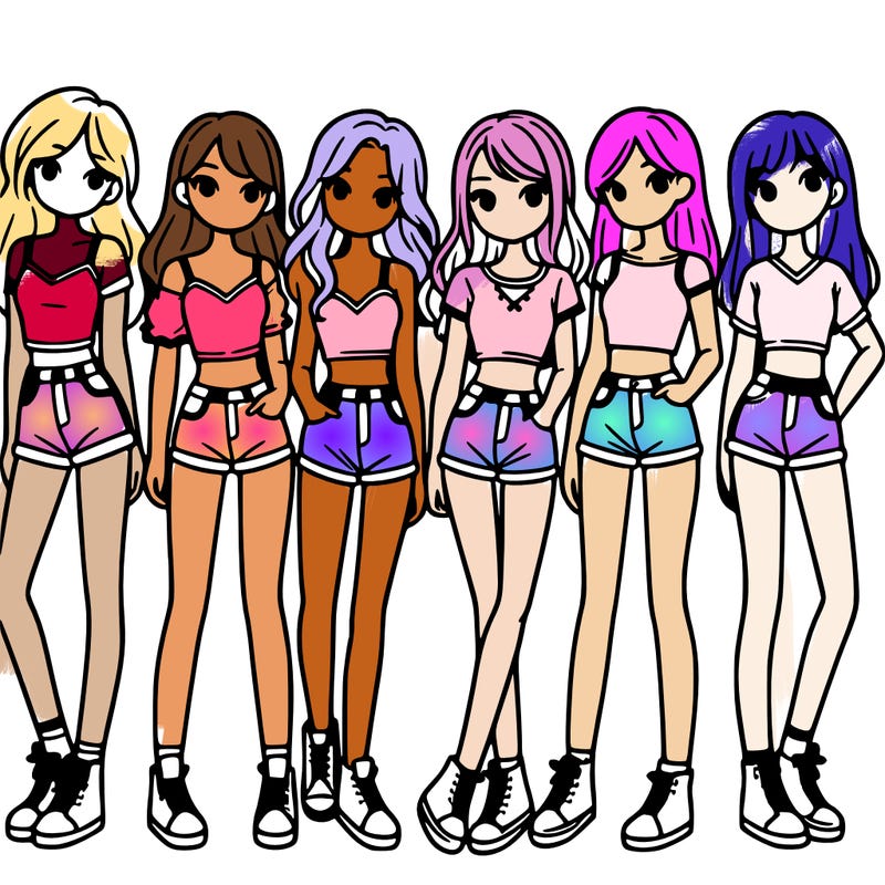 a group of girls wearing crop tops and shorts