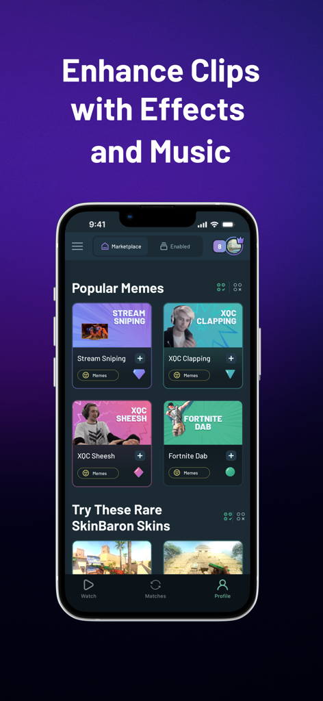 Smartphone screen displaying Allstar.gg app marketplace with popular gaming memes and effects for clip editing