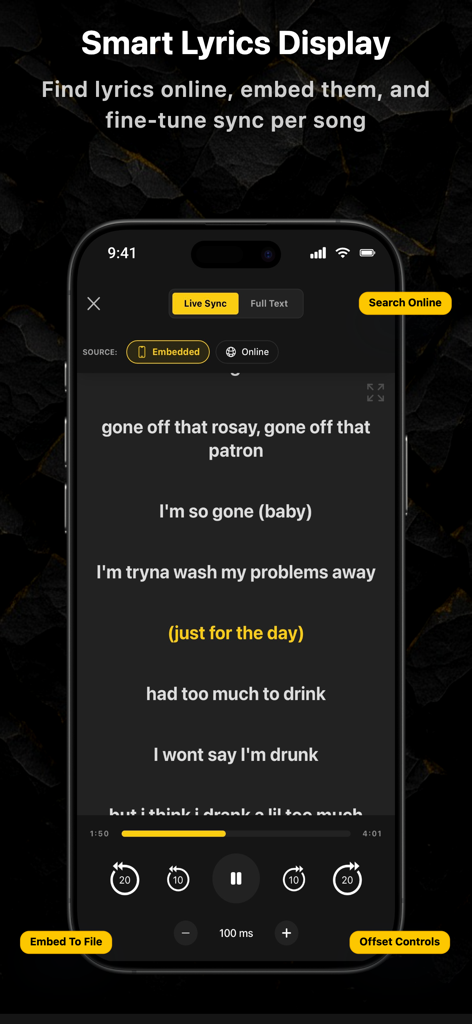 Offline MP3 Cloud Music Player - Pantalla de visualización de letras inteligentes con sincronización en vivo y controles de desplazamiento manual en la aplicación OfflineTunes