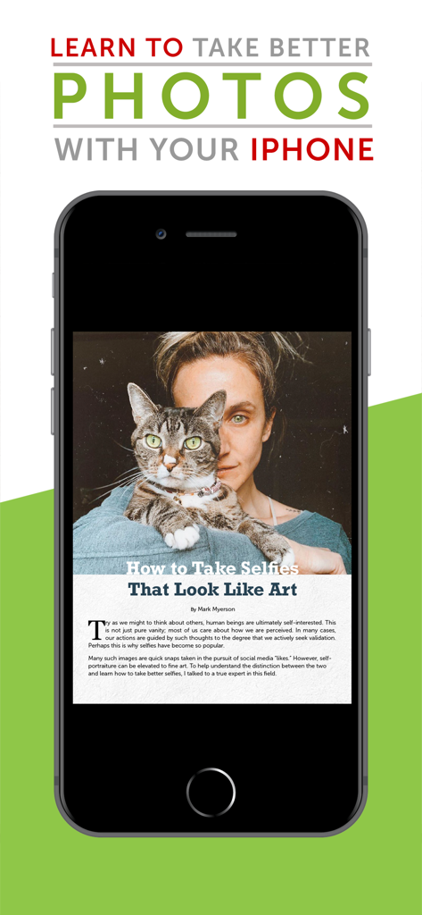 Mobiography Magazine - Mobiography Magazine app interface showing a photography tutorial about taking artistic selfies on an iPhone