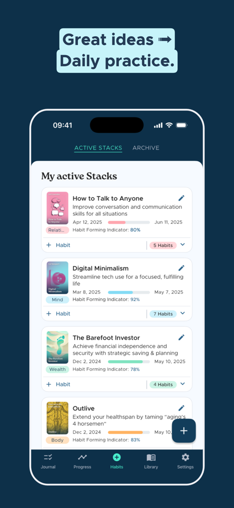 glue - new habits that stick - Active habit stacks screen in the Glue app displaying progress for various life optimization plans
