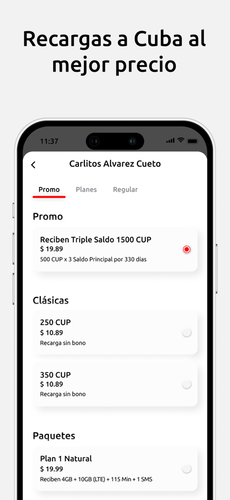La aplicación Recargas aCuba muestra planes de recarga móvil y promociones.