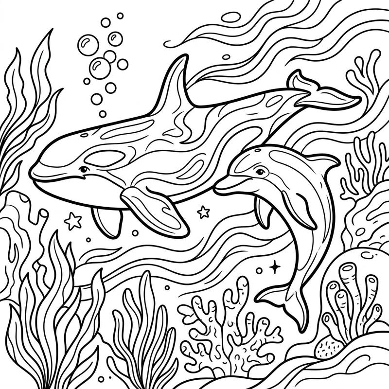 Discover the calming beauty of the ocean with this charming coloring page, designed especially for seniors. Featuring a graceful orca and a playful dolphin, its bold lines and clear details offer a delightful and accessible coloring experience.