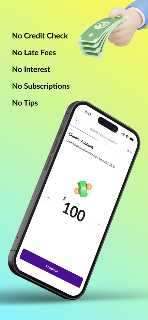 Money App - Cash Advance - Tela do smartphone mostrando a solicitação de adiantamento em dinheiro do Money App de US$ 100 com uma lista de benefícios, incluindo sem consulta de crédito e sem juros.