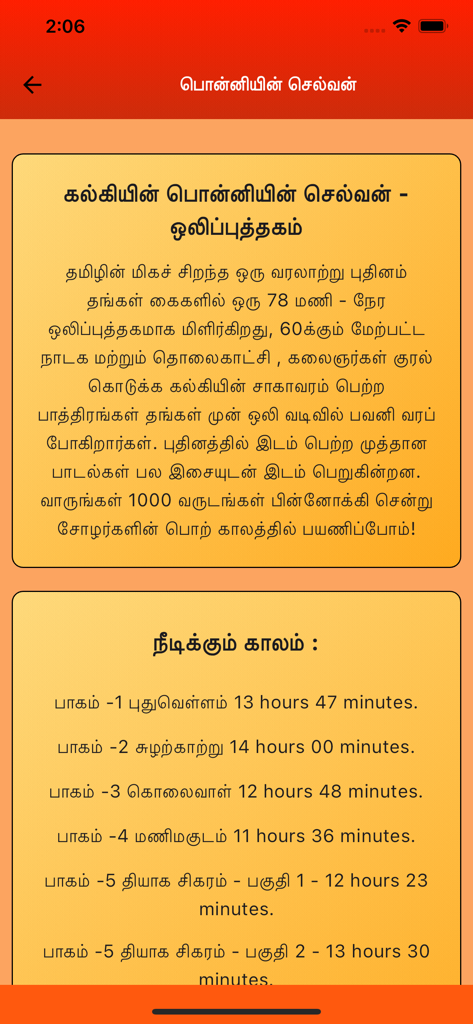Ponniyin Selvan 5 Audio Ofline - A list of durations for different volumes of the Ponniyin Selvan Tamil audiobook