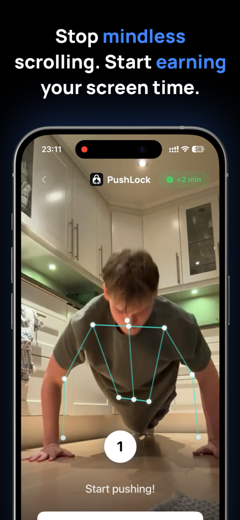 PushLock: Screen Time Control - A person doing pushups with AI pose detection to unlock phone apps