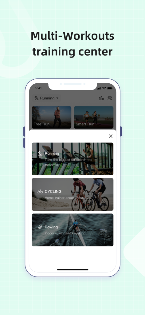 WELLFIT FITNESS - Interface of the WELLFIT FITNESS app displaying multiple workout types like running, cycling, and rowing.