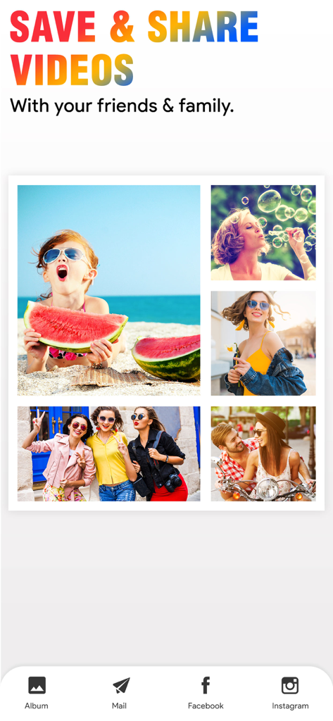 Un collage photo lifestyle intégré à l'application Video Collage, avec des boutons de partage sur les réseaux sociaux en bas.