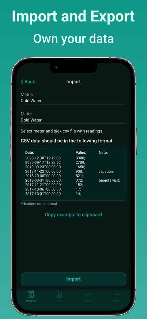 Energy Tracker Stromverbrauch - Meterable App-Bildschirm zeigt CSV-Import für Kaltwasserzählerstände mit Vorschau des Datenformats an