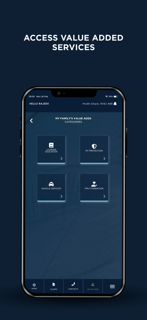 Pantalla de la App Móvil PPS que muestra categorías de servicios de valor añadido, incluidos servicios de educación y vehículos