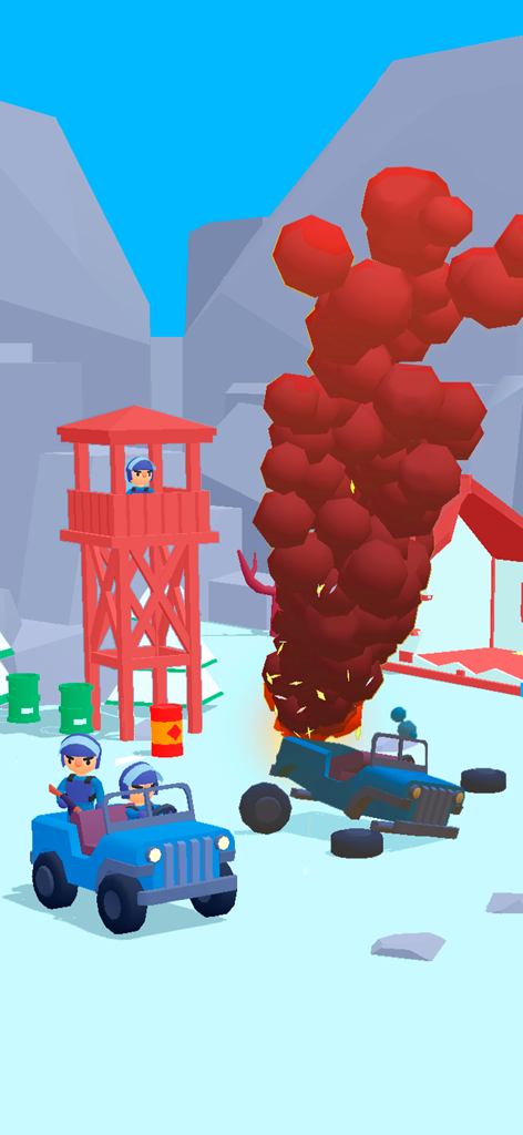 Tank Sniper: 3D Shooting Games - Escena de batalla 3D estilizada con un jeep militar explotando y una torre de vigilancia roja.