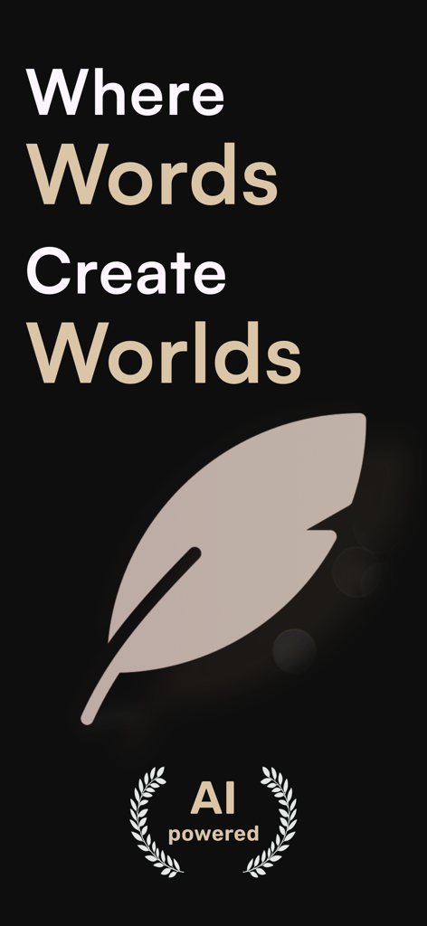 Book Writer - Novel Writing - Schermata introduttiva dell'app Book Writer con icona a forma di piuma e testo Dove le parole creano mondi