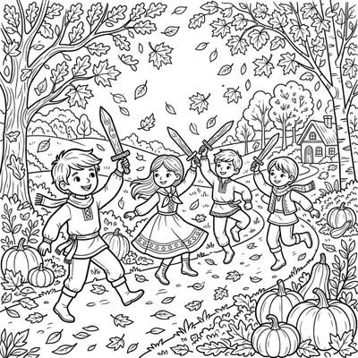 Step into a lively autumn scene where children joyfully perform a traditional sword dance surrounded by colorful fall foliage and pumpkins. This engaging coloring page is perfect for kids who love festive celebrations and cultural themes.