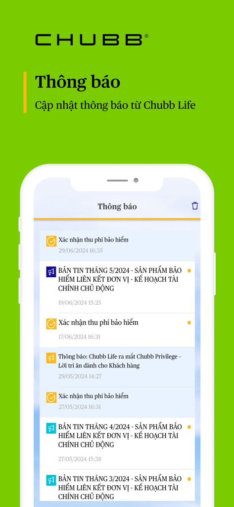 CHUBB eConnect - Notification center of the Chubb eConnect app displaying insurance updates and payment confirmations in Vietnamese
