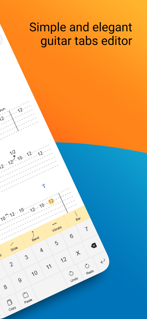 My Guitar Tabs - A simple and elegant guitar tabs editor interface showing musical notation and a numeric input keyboard.