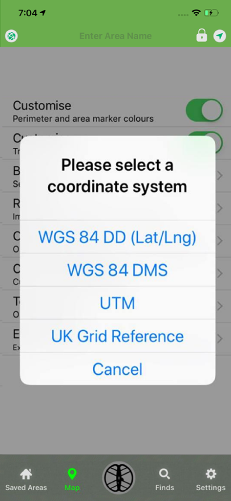 Tect O Trak - A menu in the Tect O Trak app for selecting a coordinate system such as WGS 84 or UTM