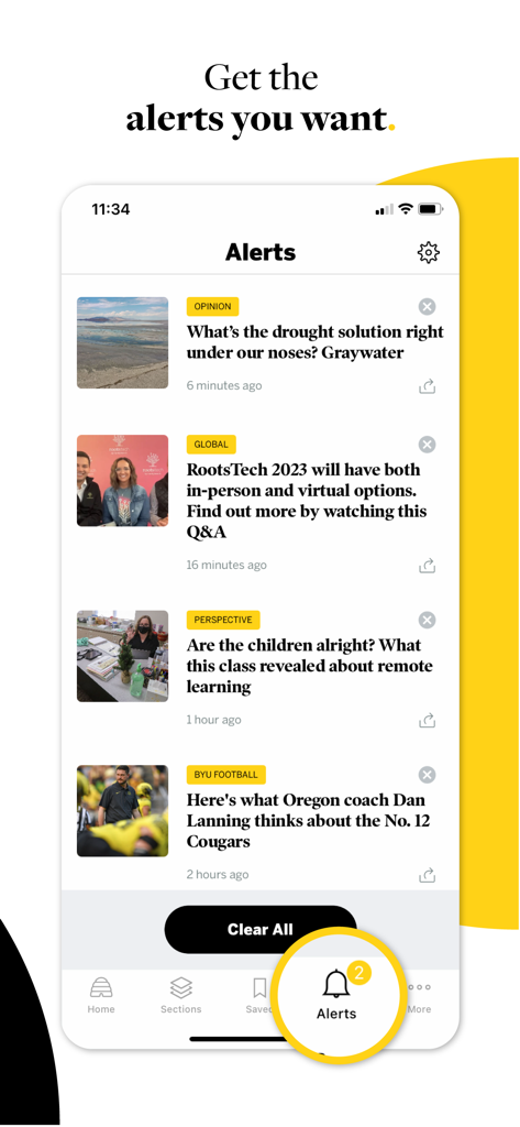 Smartphone screen showing the Alerts section of the Deseret News app with a list of personalized news notifications