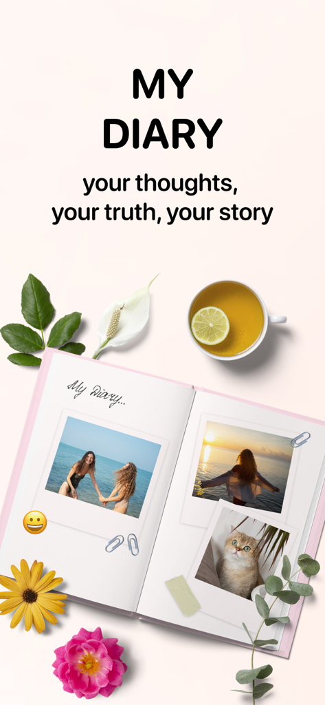 Secret Diary with Lock - Muse - Página estética de un diario digital con fotos, flores y una taza de té que muestra la experiencia del diario Muse
