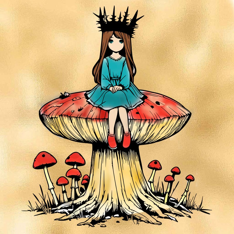 realistic girl sitting on a huge tree stump size toadstool with thorn crown