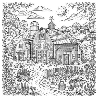 Dive into the serene beauty of a cottagecore farm with this intricate adult coloring page. Featuring detailed barns, lush gardens, and a whimsical rural landscape, it's perfect for mindful relaxation.