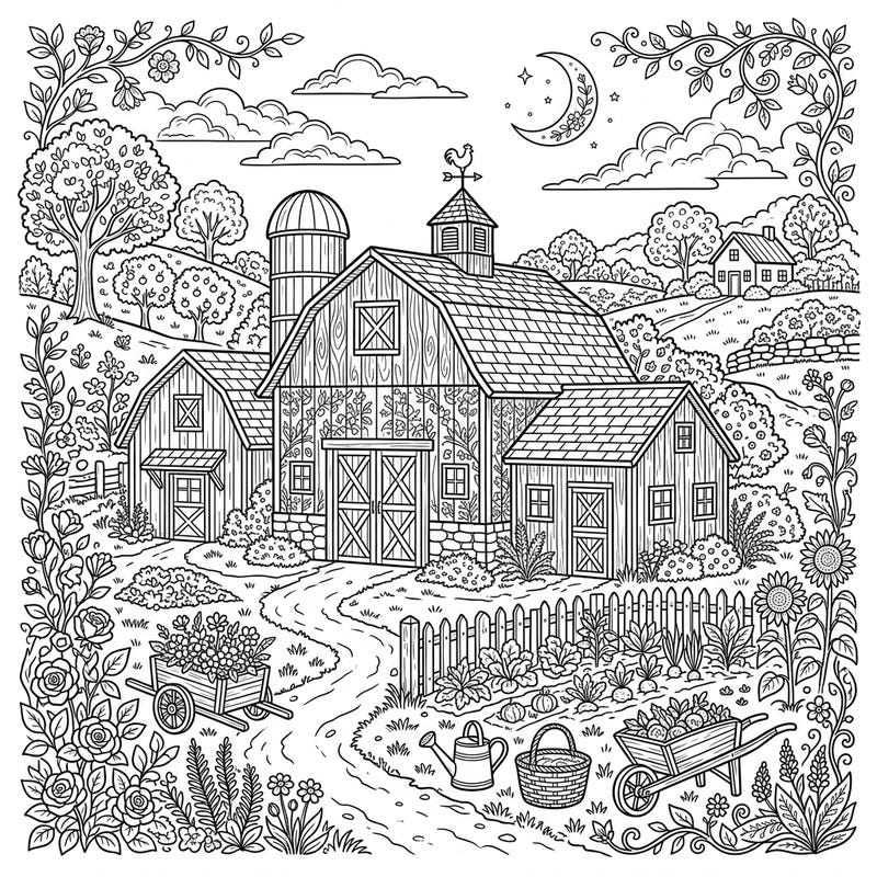 Dive into the serene beauty of a cottagecore farm with this intricate adult coloring page. Featuring detailed barns, lush gardens, and a whimsical rural landscape, it's perfect for mindful relaxation.