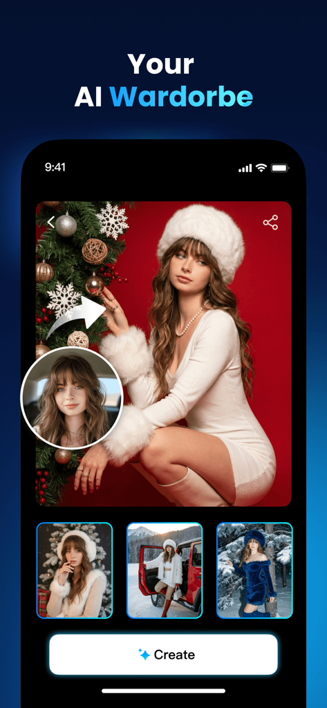 Faceplay app screen showing the AI wardrobe feature with multiple winter and holiday outfit face swap options