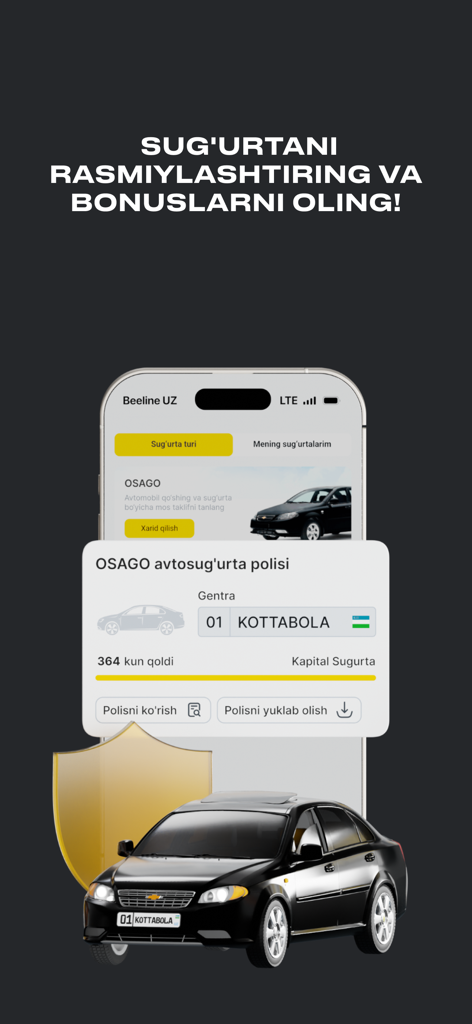 Beepul - Interface de l'application Beepul pour la gestion de l'assurance automobile OSAGO en Ouzbékistan avec une berline noire et une icône de bouclier