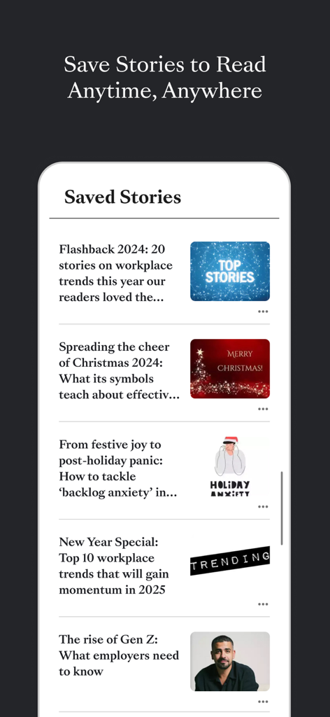 ETHRWorldME 앱 인터페이스에 전문가용 독서 자료로 저장된 HR 뉴스 기사 및 직장 트렌드 목록이 표시됨