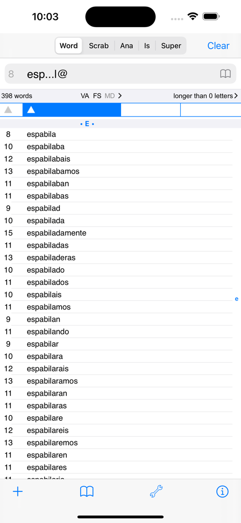 Español Words Finder PRO - Search results for Spanish words with Scrabble scores in the Espanol Words Finder PRO app
